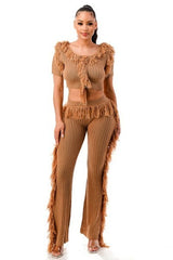 Mocha Lets Dance Fringe Outfit Set - 4 colors - women's crop top & pants at TFC&H Co.