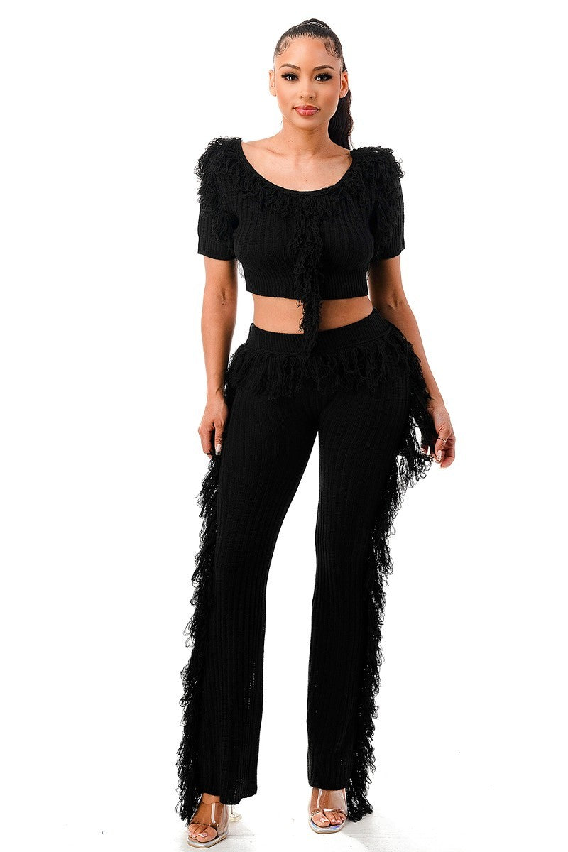 Black Lets Dance Fringe Outfit Set - 4 colors - women's crop top & pants at TFC&H Co.