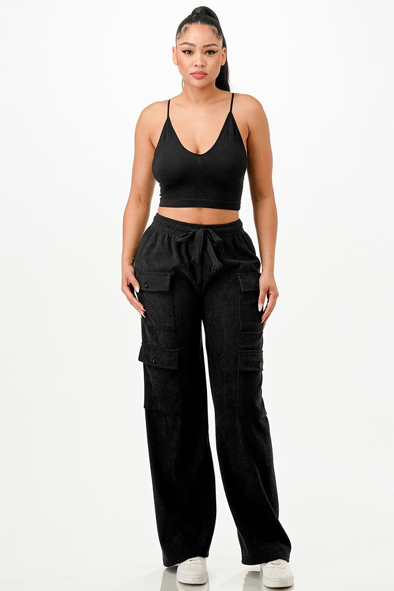 Black Solid Corduroy Cargo Pants - 5 colors - women's pants at TFC&H Co.