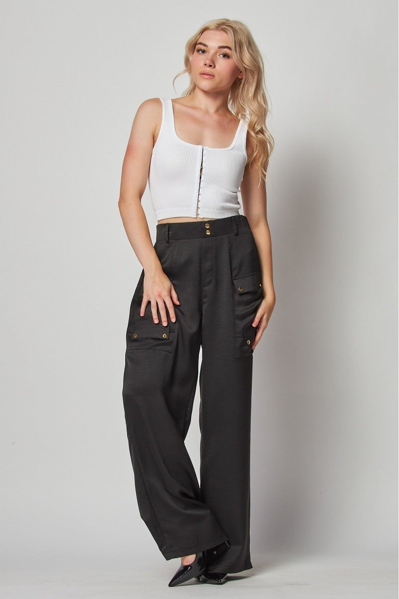 Black - Satin Cargo Pocket Wide Leg Pants - 4 colors - womens pants at TFC&H Co.