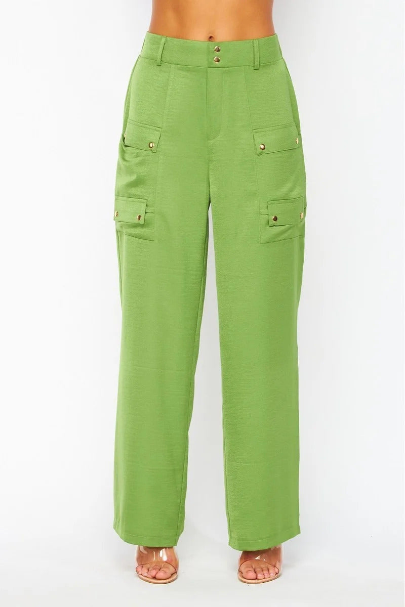 Vintage Green Satin Cargo Pocket Wide Leg Pants - 4 colors - women's pants at TFC&H Co.