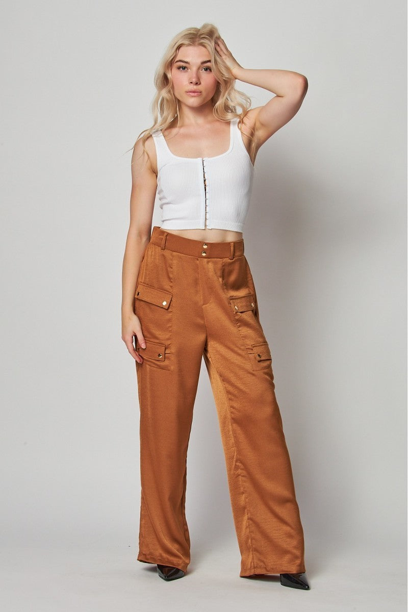 Mocha M - Satin Cargo Pocket Wide Leg Pants - 4 colors - womens pants at TFC&H Co.