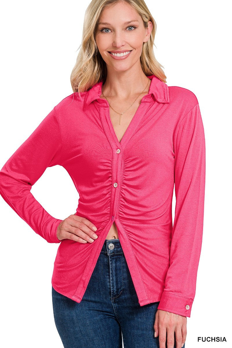 Fuchsia - Stretchy Ruched Shirt - 9 colors - womens shirts at TFC&H Co.