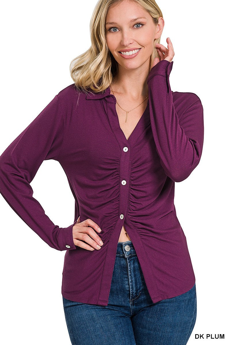 Dark Plum Stretchy Ruched Shirt - 9 colors - women's shirts at TFC&H Co.