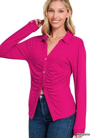 Magenta Stretchy Ruched Shirt - 9 colors - women's shirts at TFC&H Co.