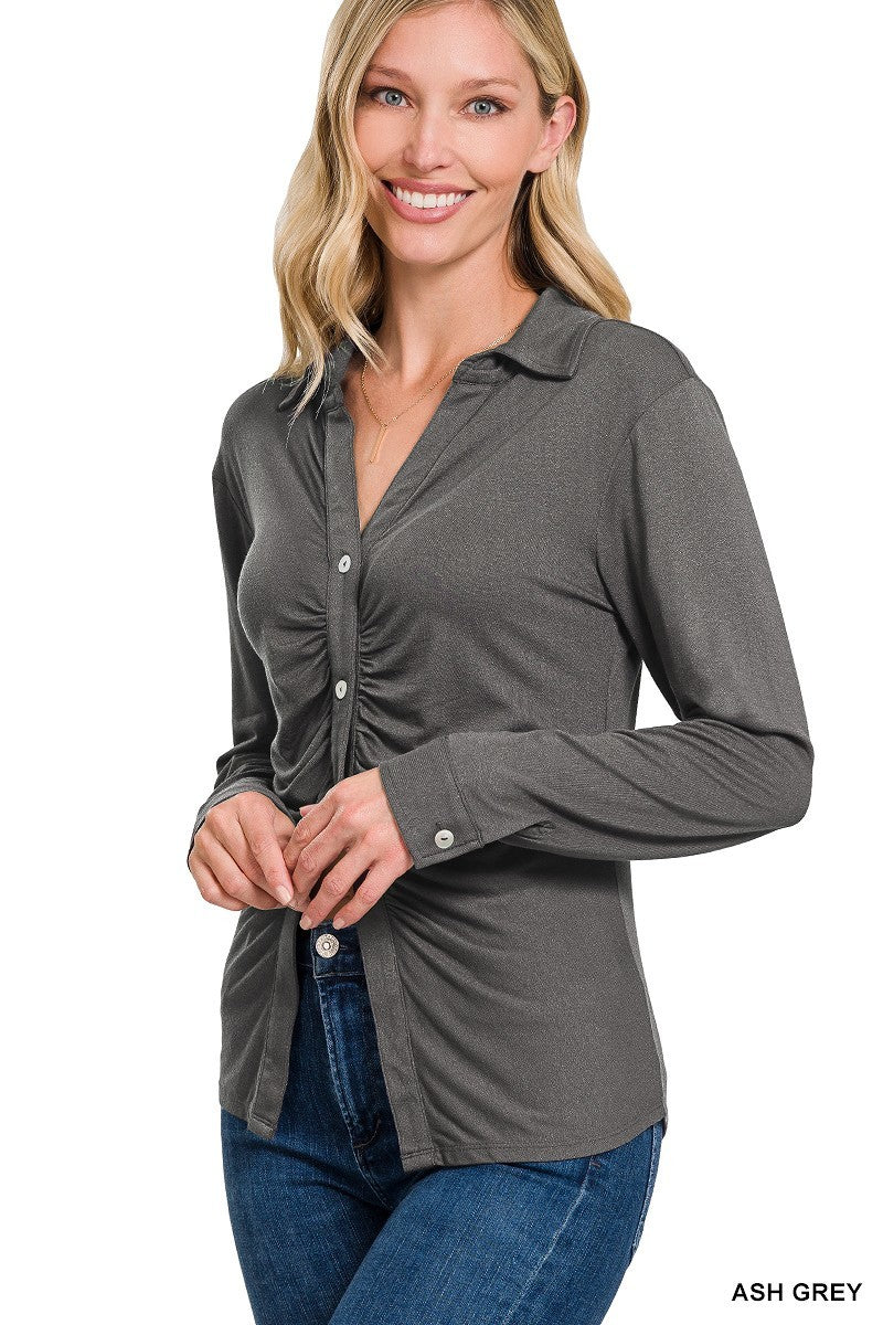 Ash Grey Stretchy Ruched Shirt - 9 colors - women's shirts at TFC&H Co.