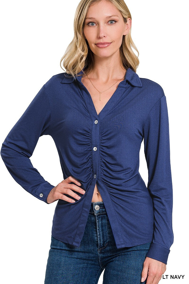 Light Navy Stretchy Ruched Shirt - 9 colors - women's shirts at TFC&H Co.
