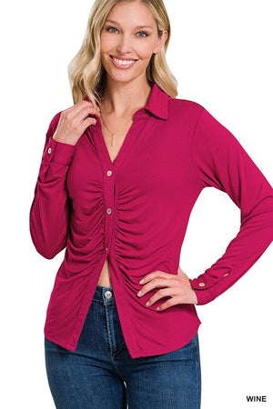Wine - Stretchy Ruched Shirt - 9 colors - womens shirts at TFC&H Co.