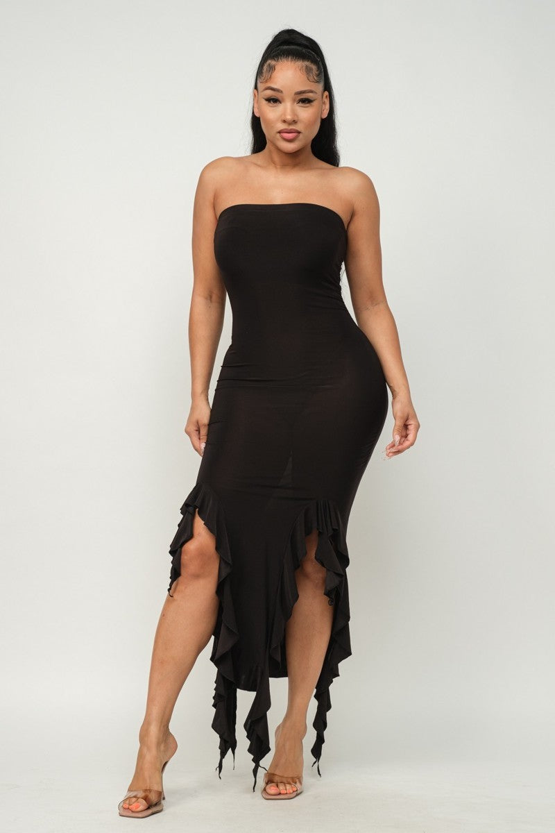 Black S Hem Slit Bottom Ruffle Tube Maxi Dress - 4 colors - women's dress at TFC&H Co.