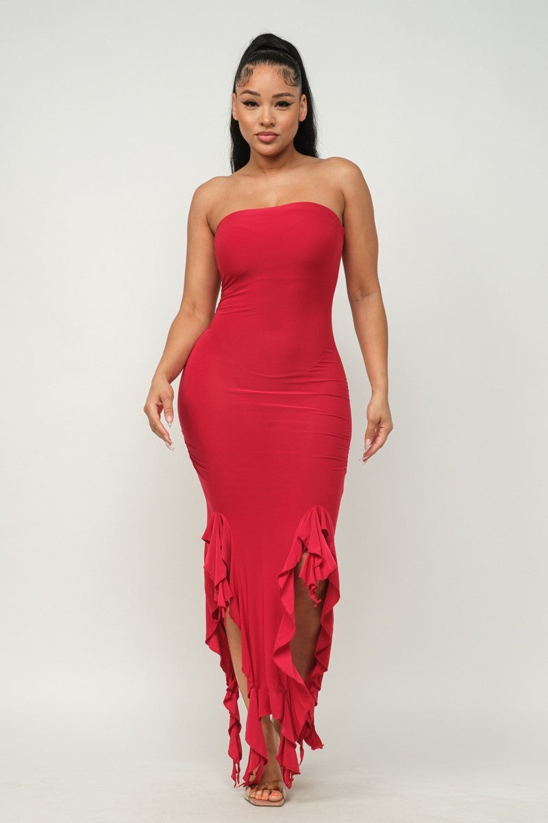 Red S Hem Slit Bottom Ruffle Tube Maxi Dress - 4 colors - women's dress at TFC&H Co.