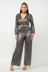 Black Silver S - Foil Plisse Tunnel Shirring Top And Pants Set - 2 colors - womens pants set at TFC&H Co.