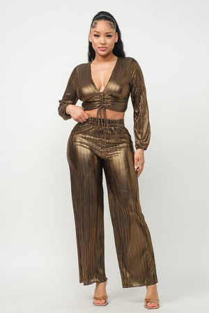 - Foil Plisse Tunnel Shirring Top And Pants Set - 2 colors - womens pants set at TFC&H Co.