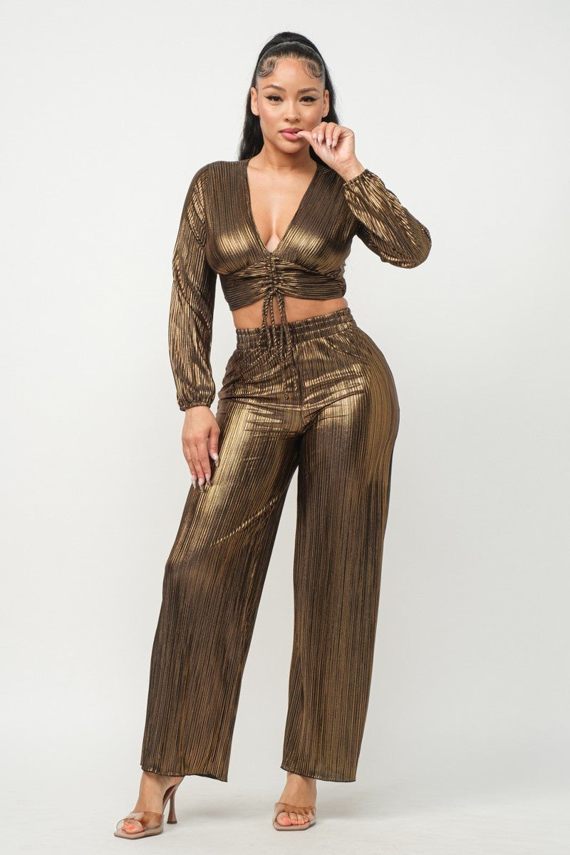 Black/Gold S Foil Plisse Tunnel Shirring Top And Pants Set - 2 colors - women's pants set at TFC&H Co.