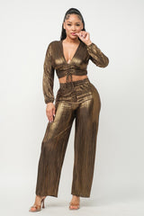 Black Gold S - Foil Plisse Tunnel Shirring Top And Pants Set - 2 colors - womens pants set at TFC&H Co.