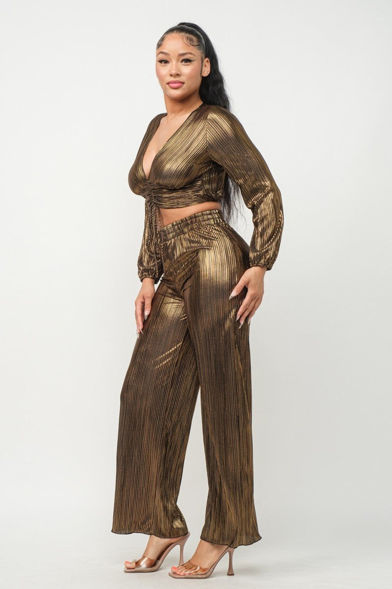 Black Gold M - Foil Plisse Tunnel Shirring Top And Pants Set - 2 colors - womens pants set at TFC&H Co.