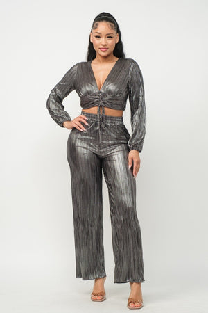 Black Silver L - Foil Plisse Tunnel Shirring Top And Pants Set - 2 colors - womens pants set at TFC&H Co.