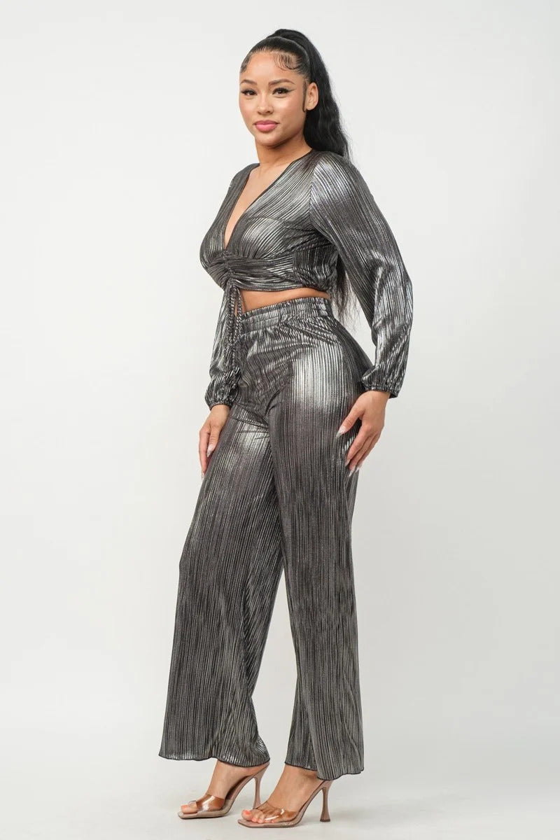 - Foil Plisse Tunnel Shirring Top And Pants Set - 2 colors - womens pants set at TFC&H Co.