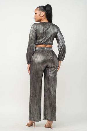 Black Silver M - Foil Plisse Tunnel Shirring Top And Pants Set - 2 colors - womens pants set at TFC&H Co.