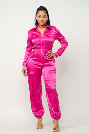 Fuchsia S Satin Front Zipper Pockets Top And Pants Jumpsuit - 3 colors - women's jumpsuit at TFC&H Co.