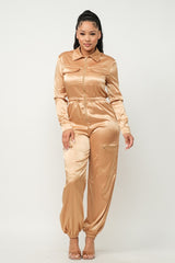 Gold S Satin Front Zipper Pockets Top And Pants Jumpsuit - 3 colors - women's jumpsuit at TFC&H Co.