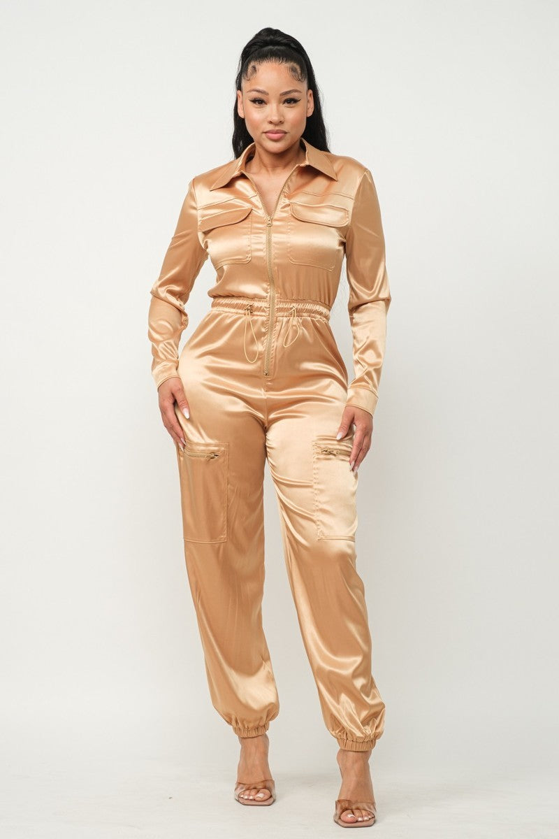 Satin Front Zipper Pockets Top And Pants Jumpsuit - 3 colors - women's jumpsuit at TFC&H Co.