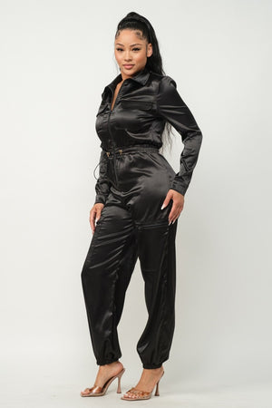 Black M Satin Front Zipper Pockets Top And Pants Jumpsuit - 3 colors - women's jumpsuit at TFC&H Co.