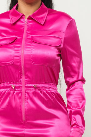 Satin Front Zipper Pockets Top And Pants Jumpsuit - 3 colors - women's jumpsuit at TFC&H Co.