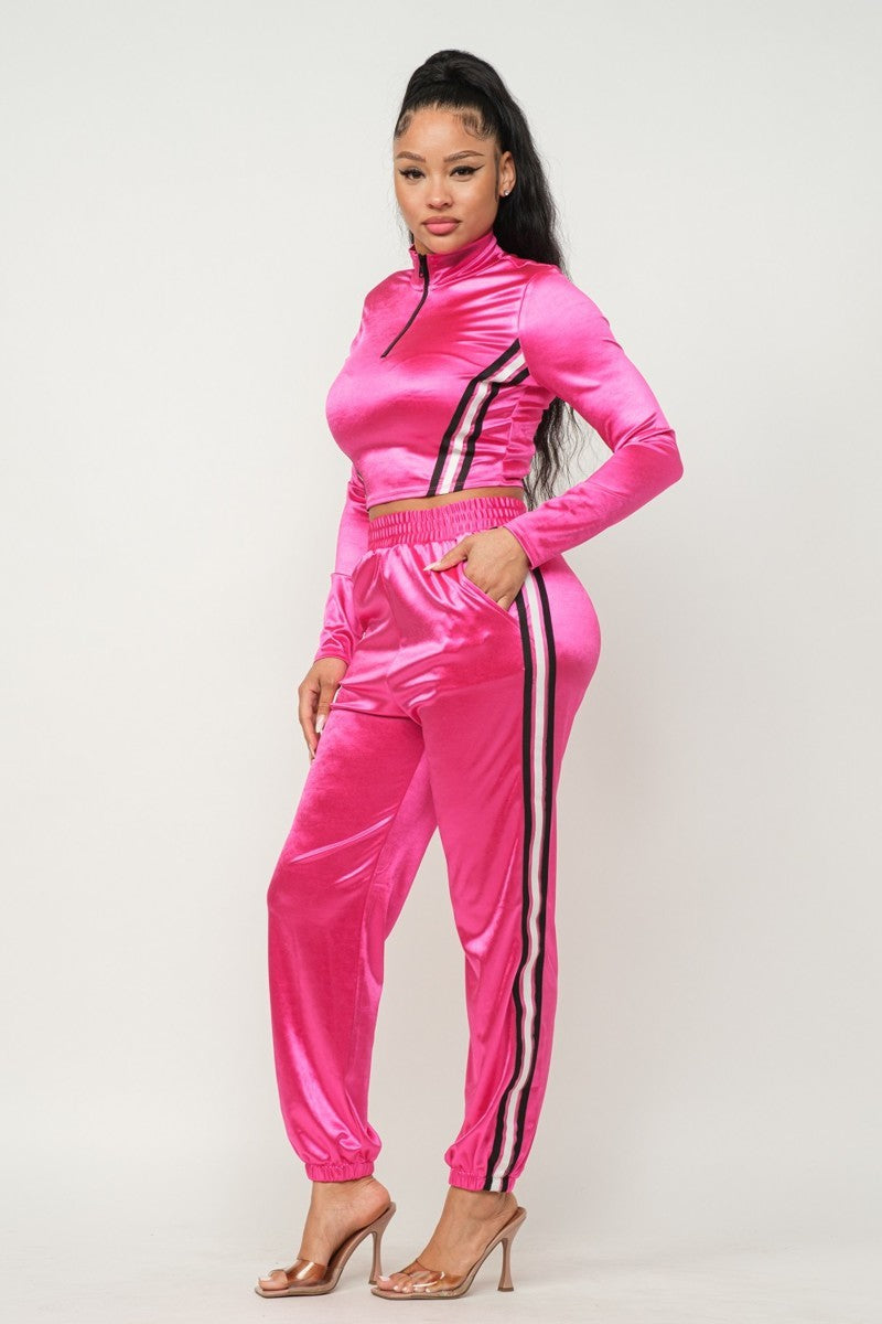 - Sporty Front Zip Up Stripes Detail Jacket And Pants Outfit Set - 3 colors - womens pants set at TFC&H Co.