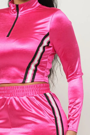 Fuchsia L - Sporty Front Zip Up Stripes Detail Jacket And Pants Outfit Set - 3 colors - womens pants set at TFC&H Co.