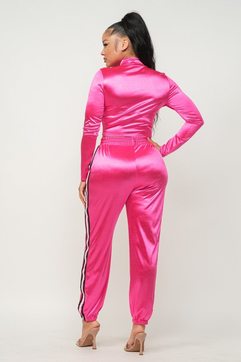 Sporty Front Zip Up Stripes Detail Jacket And Pants Outfit Set - 3 colors - women's pants set at TFC&H Co.