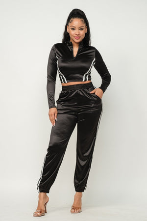 Black M Sporty Front Zip Up Stripes Detail Jacket And Pants Outfit Set - 3 colors - women's pants set at TFC&H Co.