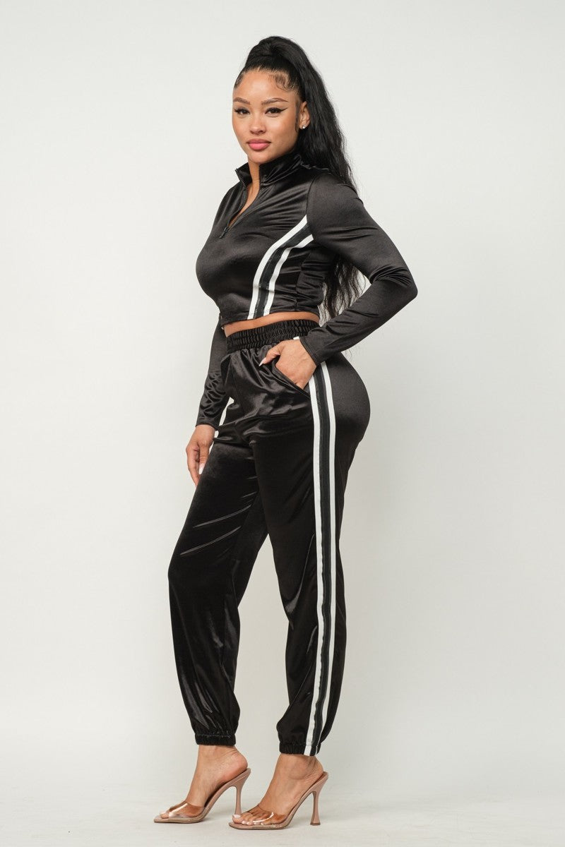 Black L Sporty Front Zip Up Stripes Detail Jacket And Pants Outfit Set - 3 colors - women's pants set at TFC&H Co.