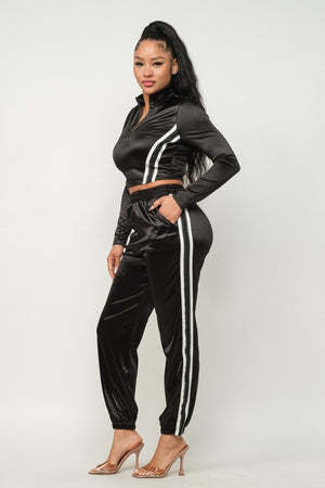 Black L - Sporty Front Zip Up Stripes Detail Jacket And Pants Outfit Set - 3 colors - womens pants set at TFC&H Co.