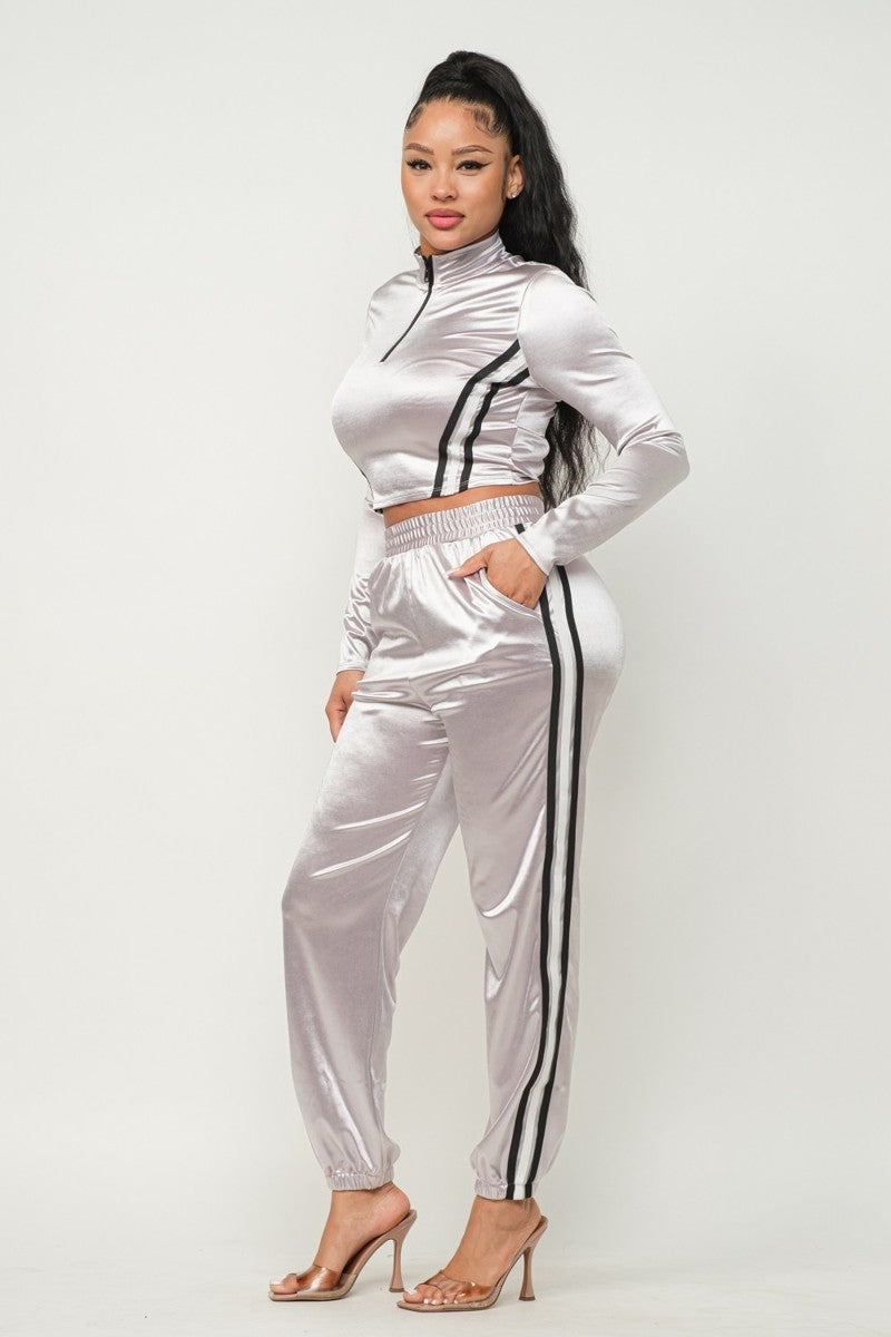 Grey S Sporty Front Zip Up Stripes Detail Jacket And Pants Outfit Set - 3 colors - women's pants set at TFC&H Co.