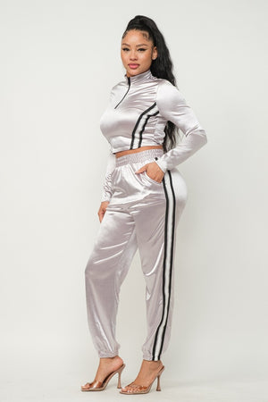 Grey S - Sporty Front Zip Up Stripes Detail Jacket And Pants Outfit Set - 3 colors - womens pants set at TFC&H Co.