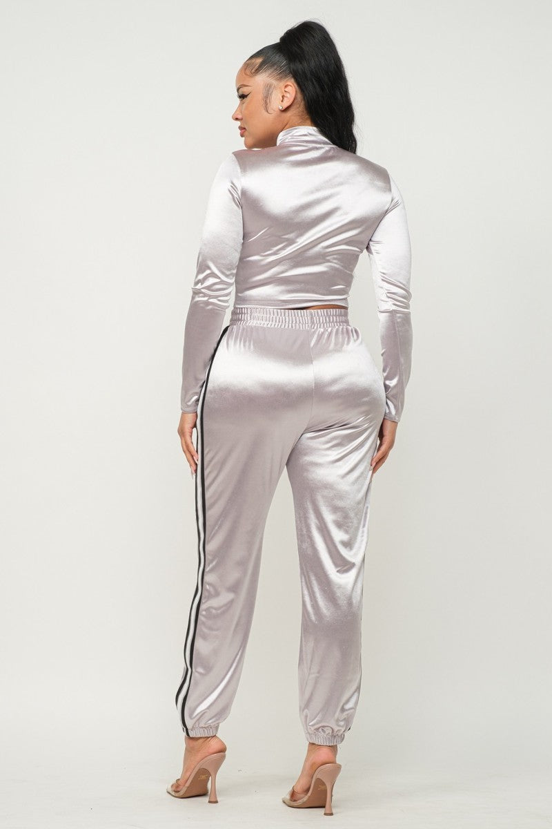 Grey M Sporty Front Zip Up Stripes Detail Jacket And Pants Outfit Set - 3 colors - women's pants set at TFC&H Co.