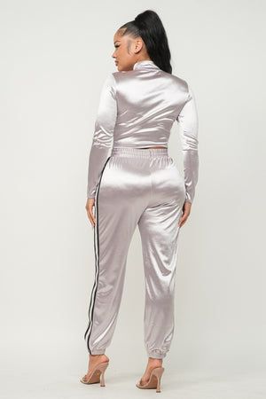 Grey M - Sporty Front Zip Up Stripes Detail Jacket And Pants Outfit Set - 3 colors - womens pants set at TFC&H Co.