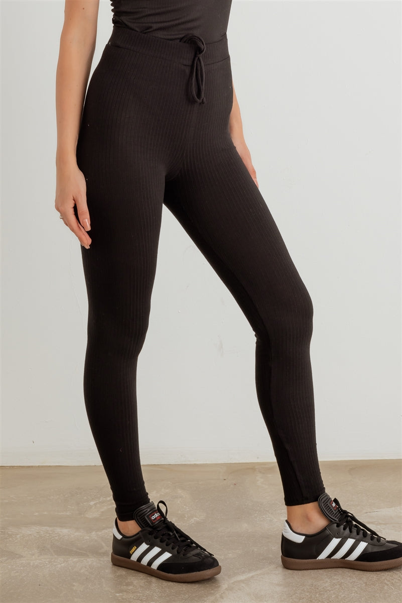 Black - Ribbed High Waist Drawstring Leggings - 2 colors - womens leggings at TFC&H Co.