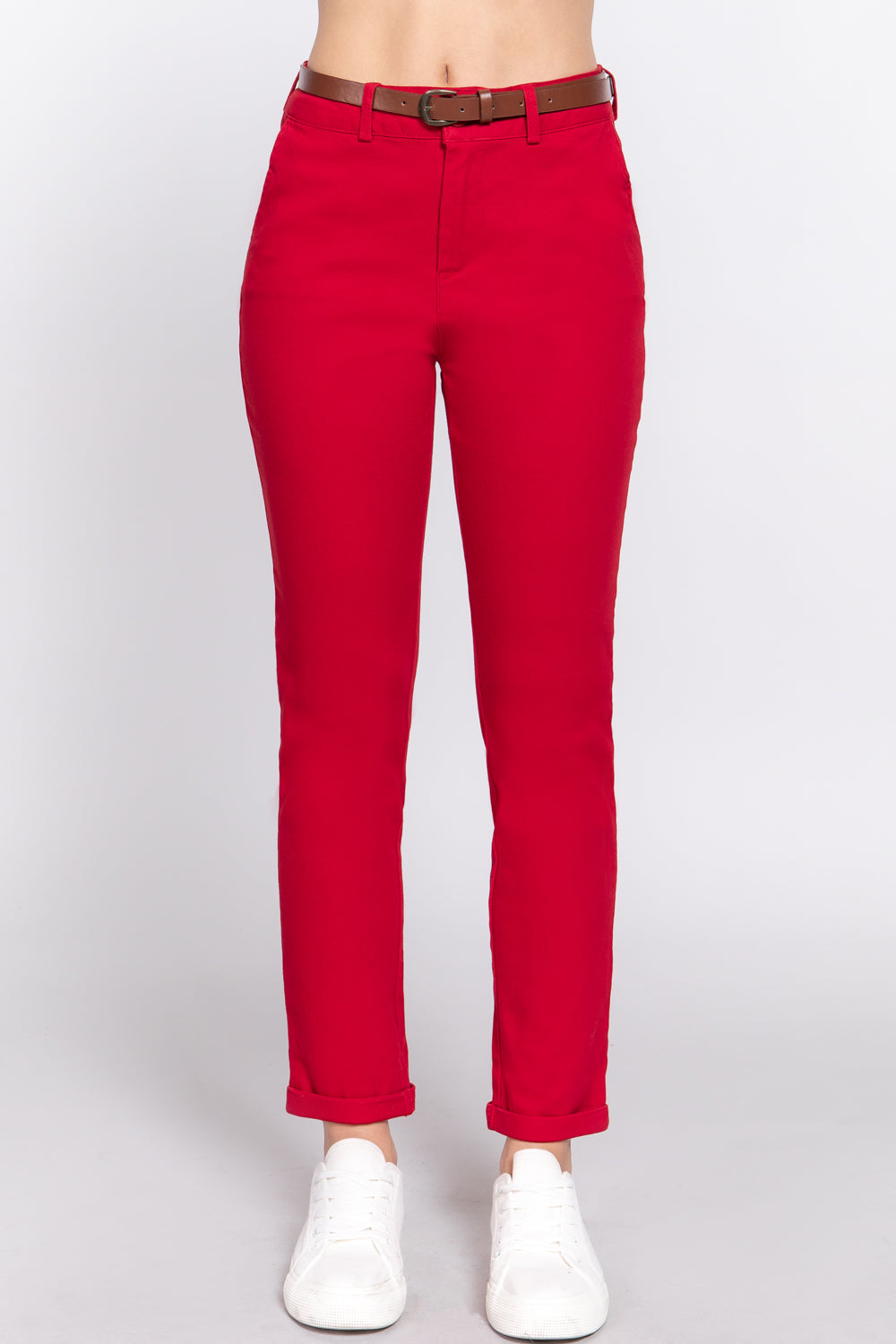 - Cotton-span Twill Belted Long Pants - 8 colors - womens pants at TFC&H Co.