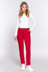 Dark Red - Cotton-span Twill Belted Long Pants - 8 colors - womens pants at TFC&H Co.