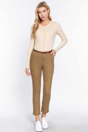 Earth Khaki - Cotton-span Twill Belted Long Pants - 8 colors - womens pants at TFC&H Co.