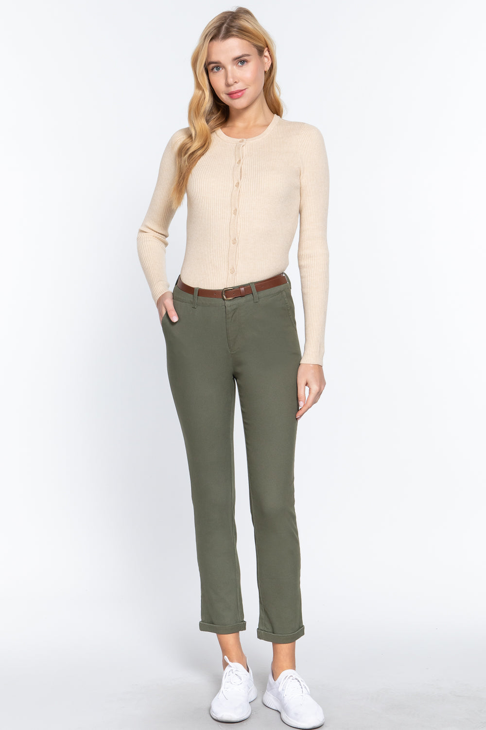 - Cotton-span Twill Belted Long Pants - 8 colors - womens pants at TFC&H Co.