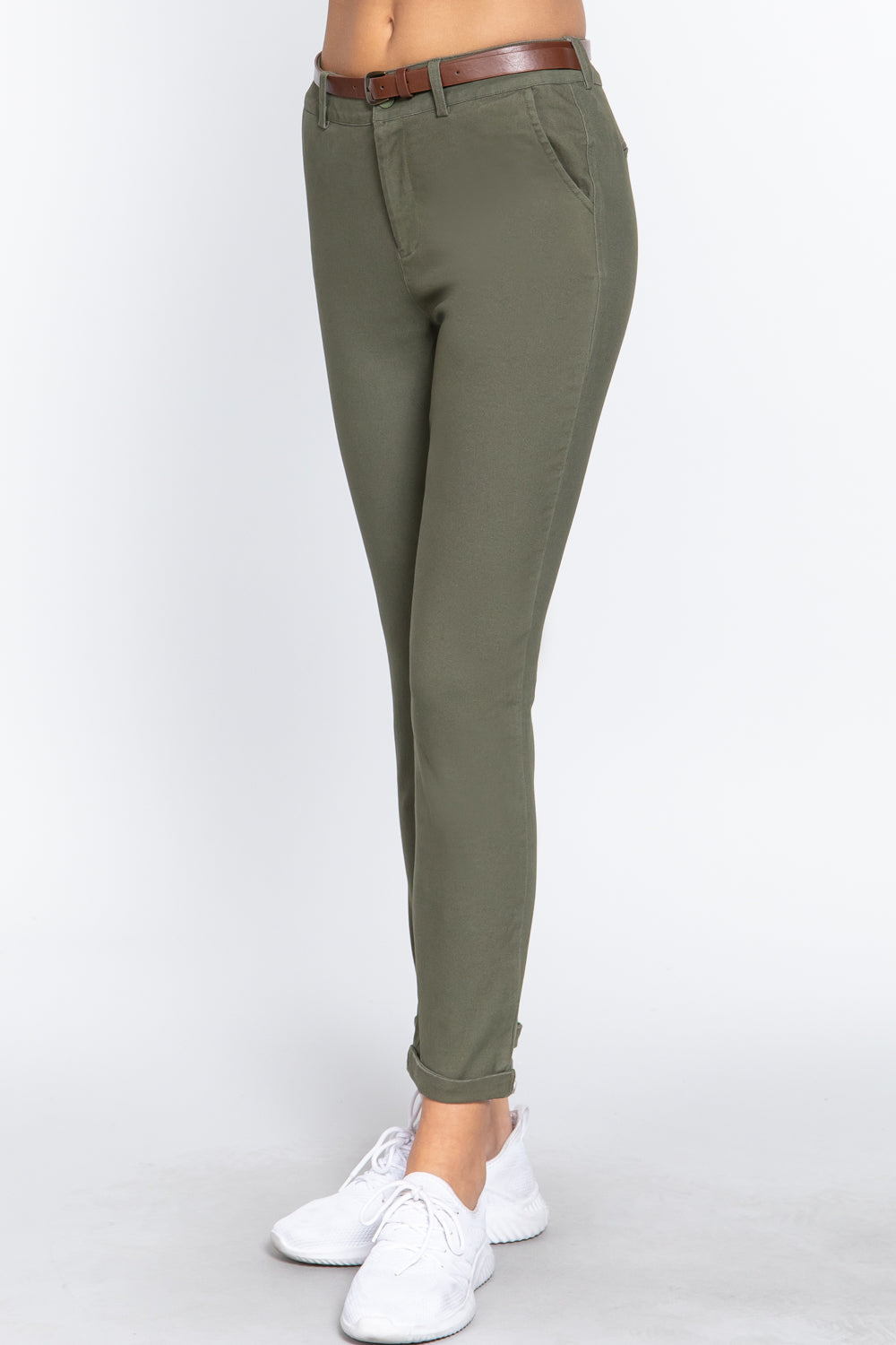 Olive Oil - Cotton-span Twill Belted Long Pants - 8 colors - womens pants at TFC&H Co.