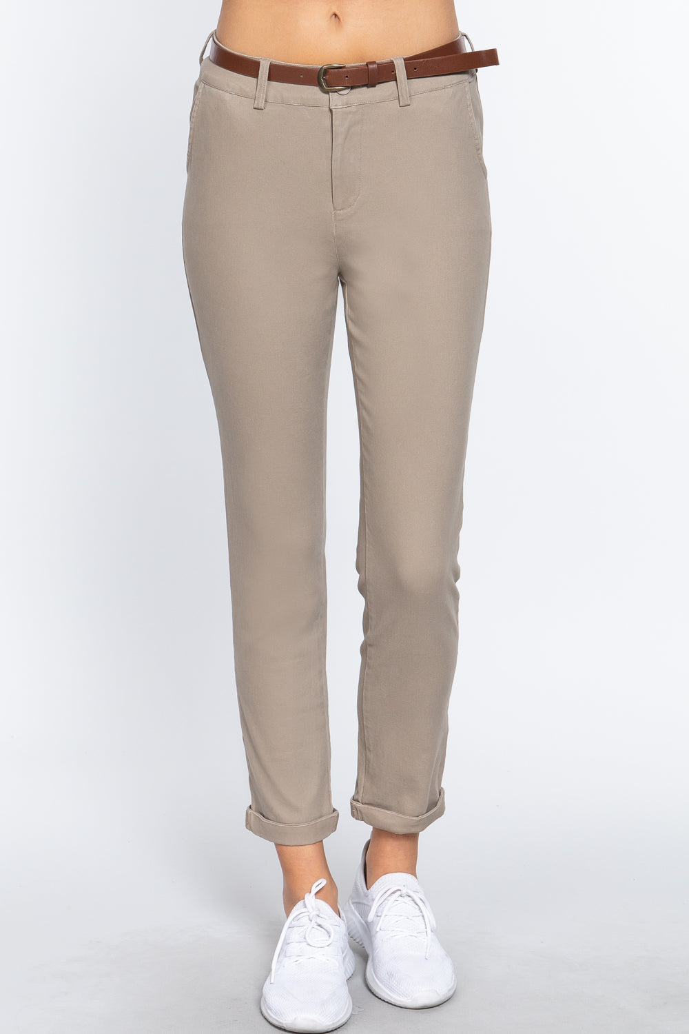 - Cotton-span Twill Belted Long Pants - 8 colors - womens pants at TFC&H Co.