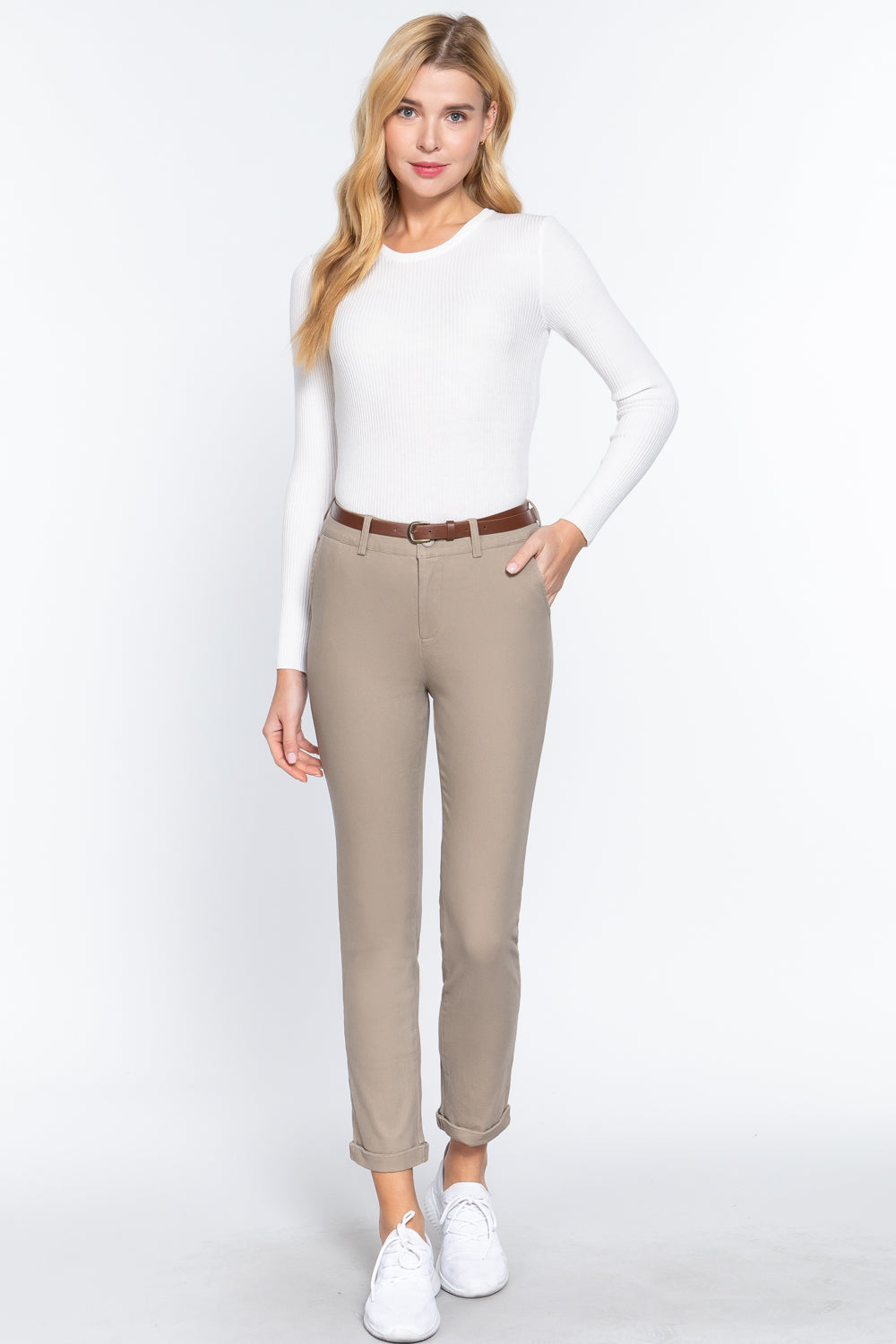 - Cotton-span Twill Belted Long Pants - 8 colors - womens pants at TFC&H Co.