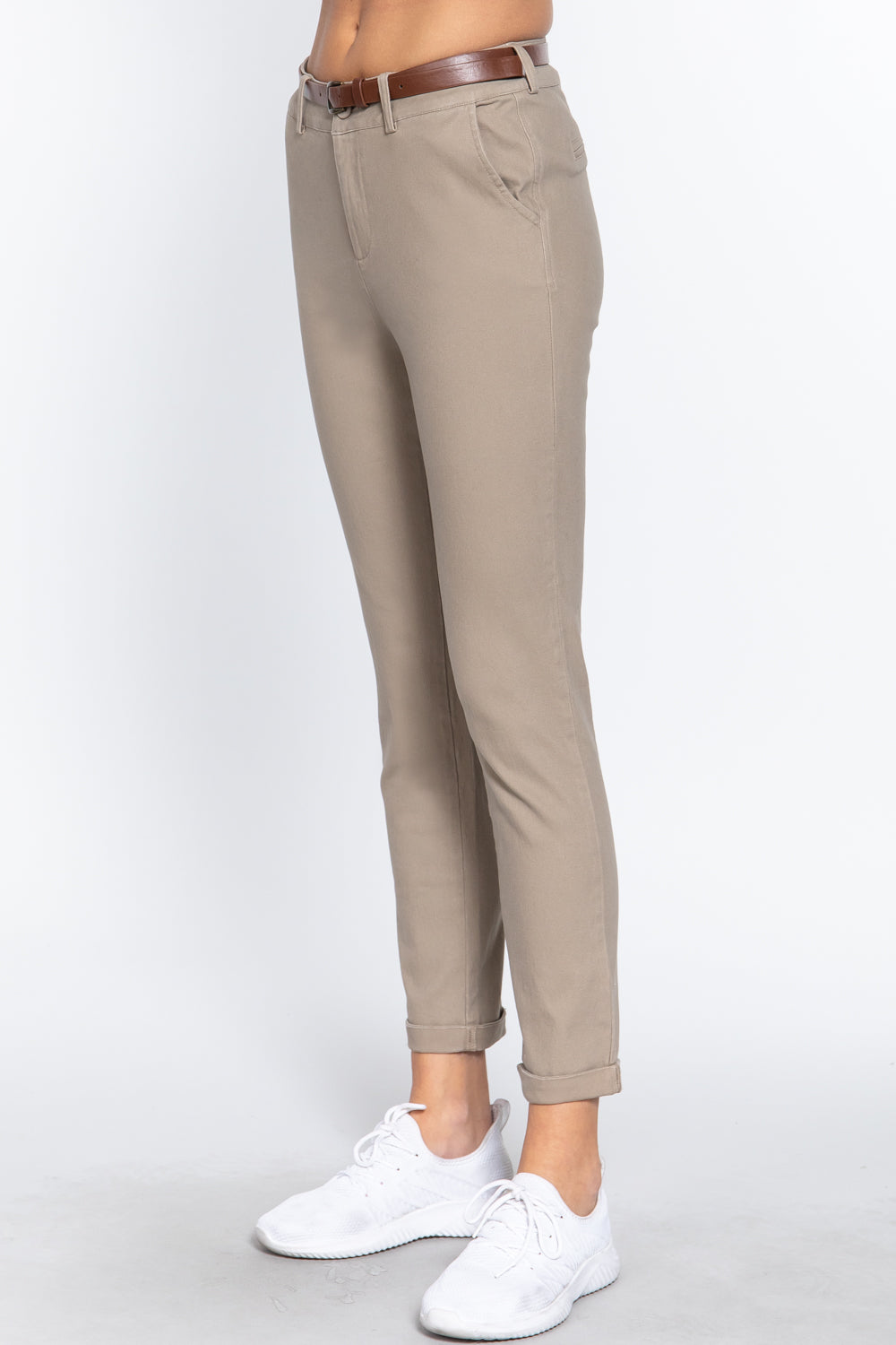 Sand taupe - Cotton-span Twill Belted Long Pants - 8 colors - womens pants at TFC&H Co.