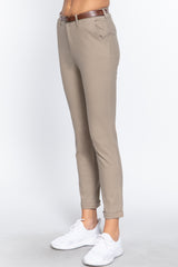 Sand taupe - Cotton-span Twill Belted Long Pants - 8 colors - womens pants at TFC&H Co.