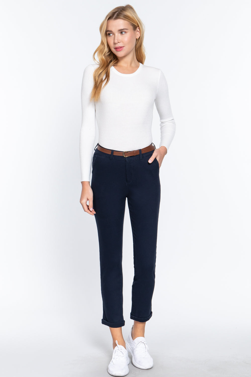 Dark Navy - Cotton-span Twill Belted Long Pants - 8 colors - womens pants at TFC&H Co.