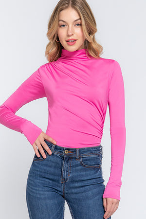 - Long Sleeve High Neck Shirring Detail Ity Knit Bodysuit - 3 colors - womens bodysuit at TFC&H Co.