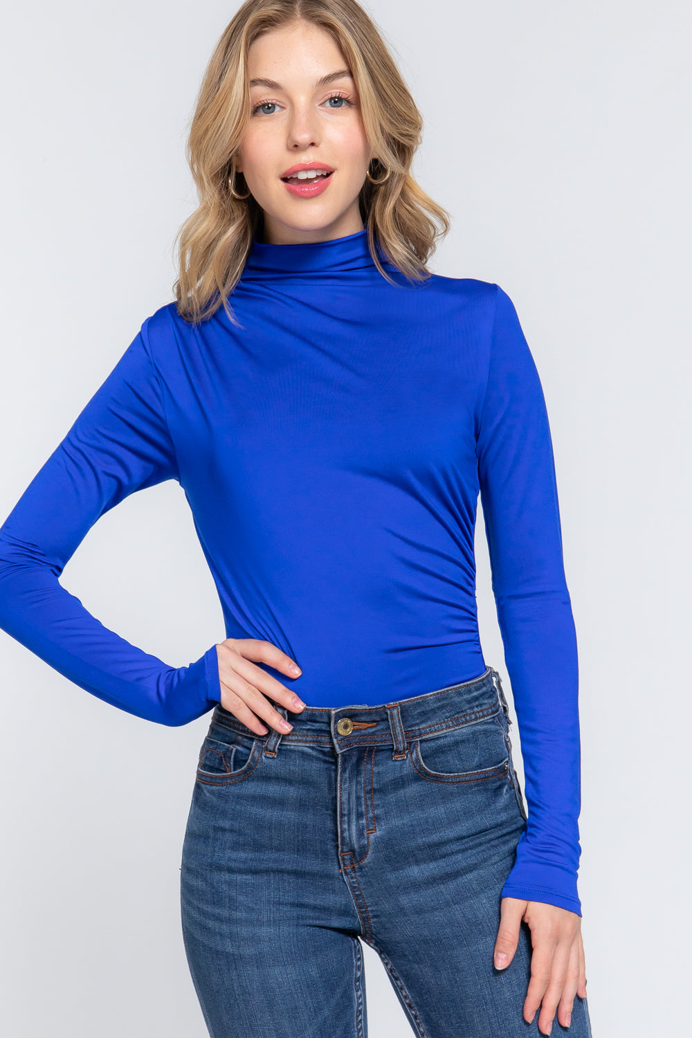 Royal - Long Sleeve High Neck Shirring Detail Ity Knit Bodysuit - 3 colors - womens bodysuit at TFC&H Co.